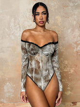 Glamine Sexy Elegant Off Shoulder Floral Lace Contrast Mesh Print Patchwork Bodysuit For Women